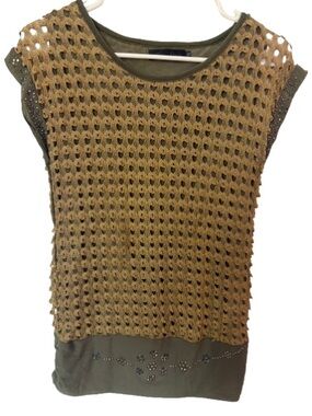 Vintage New Star Women’s Olive Green Embellished Crochet Overlay Tank Top  XXL